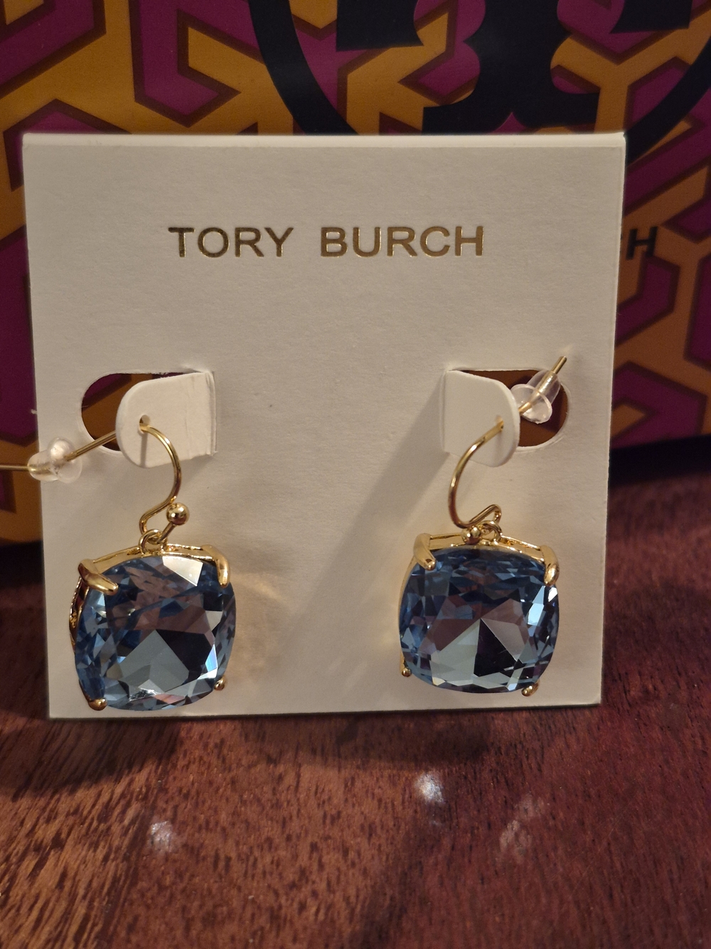 Tory Burch Gold-Plated Blue Crystal Drop Earrings